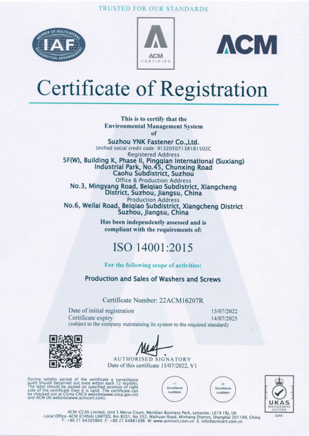 China Suzhou YNK Fastener Co., Ltd. Certificações