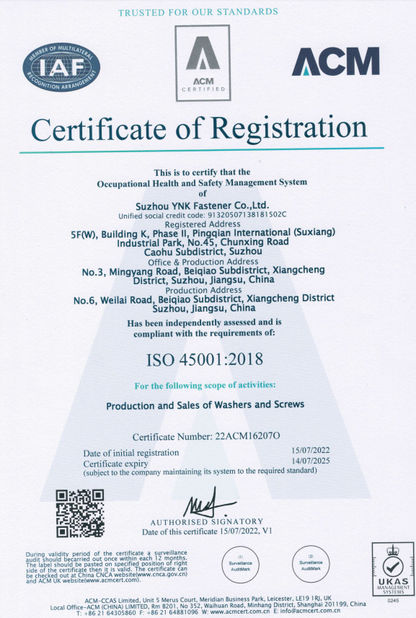 China Suzhou YNK Fastener Co., Ltd. Certificações